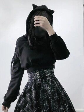 Gothic Cat Ear Crop Hoodie Off Shoulder Lace Up Sleeves Black Y2K Emo Pullover